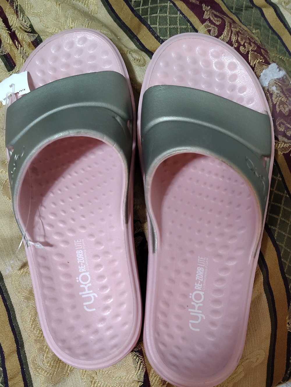 Ryka Pink and Olive Green Slide Sandals